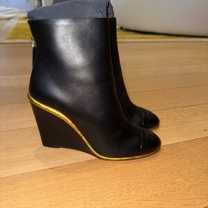CHANEL never worn Black and Gold Wedge Boots